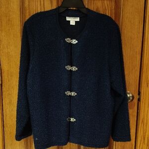 Classy Cathy Daniels Midnight Blue Nubby Knit Cardigan with Decorative Clasps